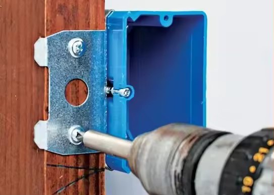 PLS-SN21X-ADJ 1-gang PVC adjustable new work electrical box, ETL listed, gray/blue, designed to accommodate varying wall coverings for flush switch and outlet installations.