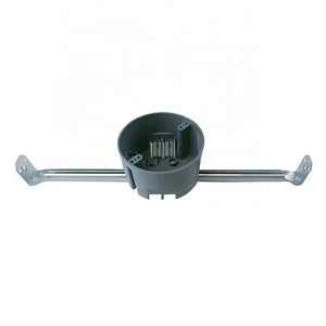 PLS-SN20WCG round PVC ceiling box with bar hanger, 20 cubic inch capacity with grounding, gray finish, IP54 rated, ETL listed to UL514C and UL263, 2-hour fire rated. - Available at Electrical Marketplace