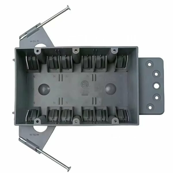 PLS-SN60X 4-gang PVC new work electrical box, 60 cubic inch capacity, IP65 rated, 2-hour fire rated, ETL listed, with fixed nails, slips, and knockouts for safe switch and outlet installations.