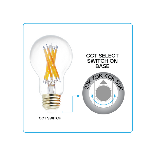 A19 clear filament LED bulb with E26 base, 4 CCT selectable color temperatures, 330-degree beam angle, and high CRI 90.