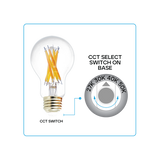 A19 clear filament LED bulb with E26 base, 4 CCT selectable color temperatures, 330-degree beam angle, and high CRI 90.