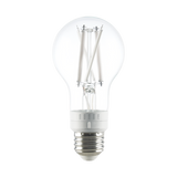 A19 white filament LED bulb with clear glass, E26 base, 5 CCT selectable color temperatures, and 300-degree beam angle.