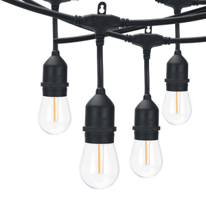 24-foot LED outdoor plug-in string lights with clear bulbs and warm 2200K white light for patio and decorative lighting. - Available at Electrical Marketplace