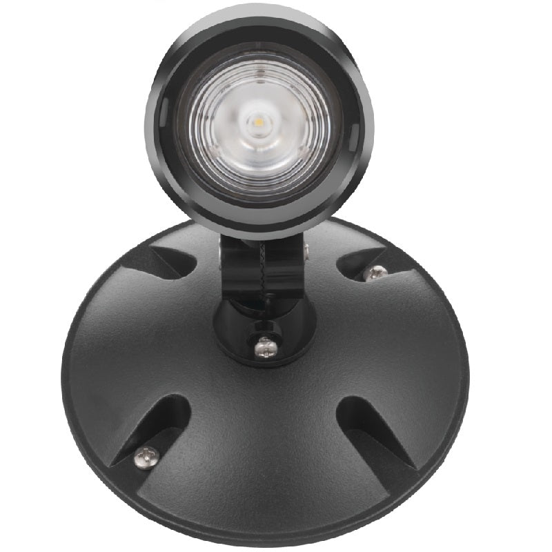 Compact LED mini outdoor remote head light with polycarbonate housing, adjustable LED lamp heads, single or double configuration, and universal mounting plate.
