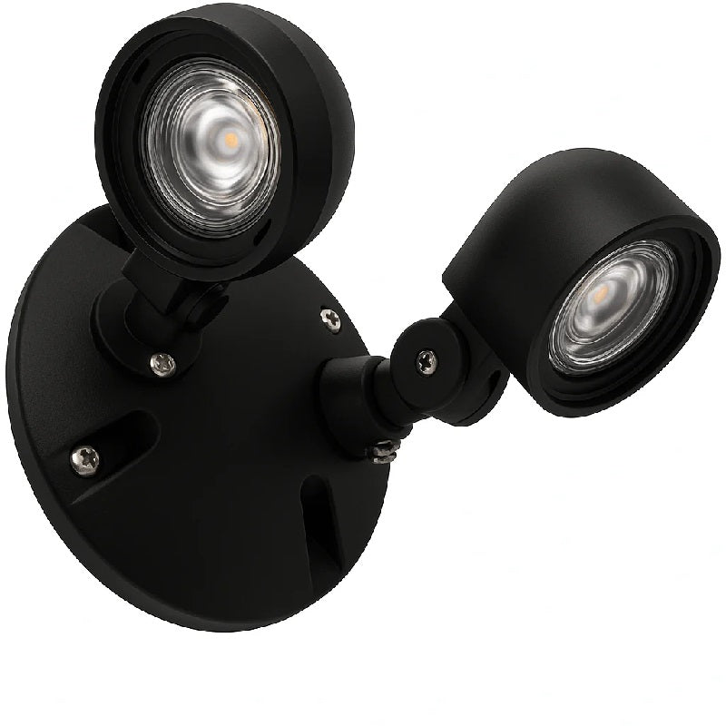 Compact LED mini outdoor remote head light with polycarbonate housing, adjustable LED lamp heads, single or double configuration, and universal mounting plate.