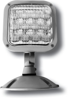 Outdoor LED remote head light with dual 1W adjustable lamp heads, chrome-plated reflector, glass lens, and weatherproof polycarbonate or die-cast aluminum housing for emergency lighting systems.