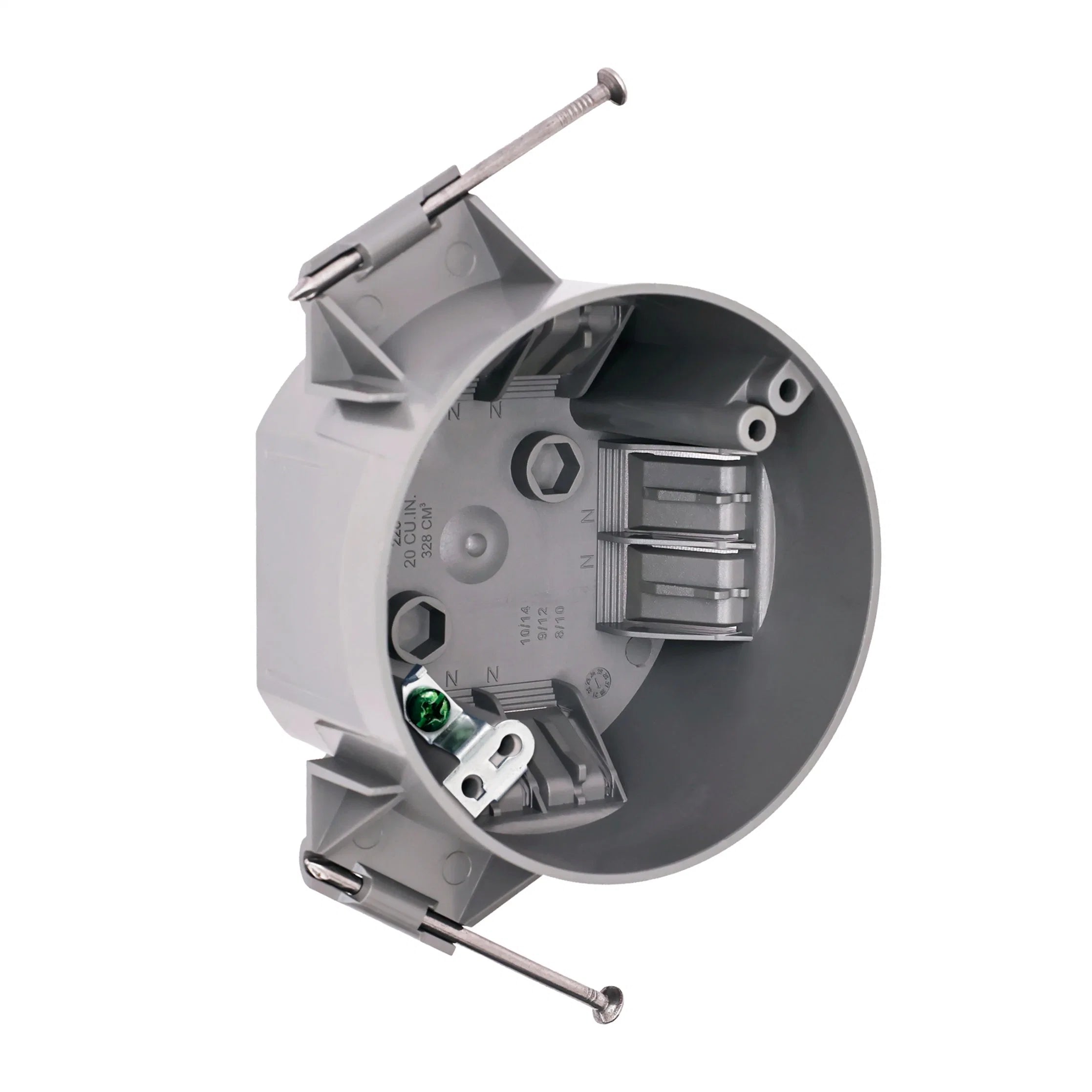 Round New Work Ceiling Electrical Box | 20 Cubic Inch | PVC | PLS-SN20XCG