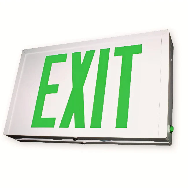 Steel housing LED exit sign with red or green illumination, NiCd battery backup, 120/277V dual voltage, powder-coated 20-gauge steel body, and UL damp location listing.