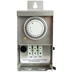 Dual-tap 12V/15V landscape transformer with timer and photocell