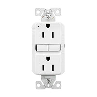 Eaton 15 Amp tamper-resistant GFCI outlet in white with self-test feature, 125V slim design for residential and commercial use.