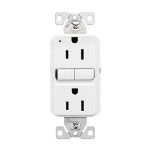 Eaton 15 Amp tamper-resistant GFCI outlet in white with self-test feature, 125V slim design for residential and commercial use.