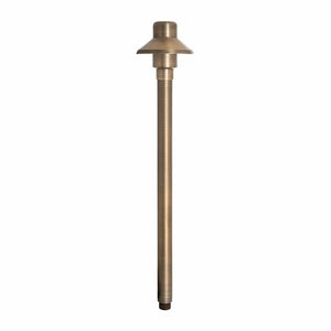 3W LED area light with solid brass antique bronze finish, available in multiple heights and shade sizes, featuring a heavy-duty clear glass lens, integrated 200-lumen LED, 3000K warm white light, and 360-degree beam angle for outdoor landscape lighting.