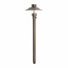 3W LED area light with solid brass antique bronze finish, available in multiple heights and shade sizes, featuring a heavy-duty clear glass lens, integrated 200-lumen LED, 3000K warm white light, and 360-degree beam angle for outdoor landscape lighting.