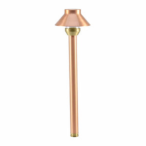 3W LED area light with solid copper natural finish, available in multiple heights and shade sizes, featuring a heavy-duty clear glass or PC lens, integrated 200-lumen LED, 3000K warm white light, and 360-degree beam angle for outdoor landscape lighting.