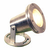 5W LED underwater light, 12V AC/DC, 3000K warm white, 400 lumens, MR16 lamp included, brass and stainless steel housing, tempered glass lens, 36° beam angle, IP67 submersible, suitable for wet locations