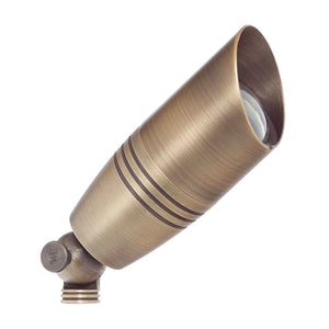 5W LED directional landscape light with 4.5-inch solid brass housing, antique bronze finish, convex glass lens, MR16 bulb, IP67 waterproof rated for outdoor use