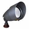 4.3-inch LED landscape uplight with bronze powder-coated ADC12 cast aluminum housing, featuring a Nichia 757 LED array, 550/500 lumens output, 40° beam angle, 3000K or 5000K color temperatures, 12V AC/DC operation, IP67 waterproof rating, and optical polycarbonate lens for outdoor accent lighting.