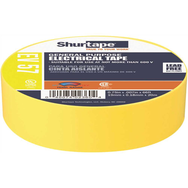 Shurtape EV 57 3/4 in. x 66 ft. General Purpose Electrical Tape, UL Listed, YELLOW, 7 mils [10 Rolls]
