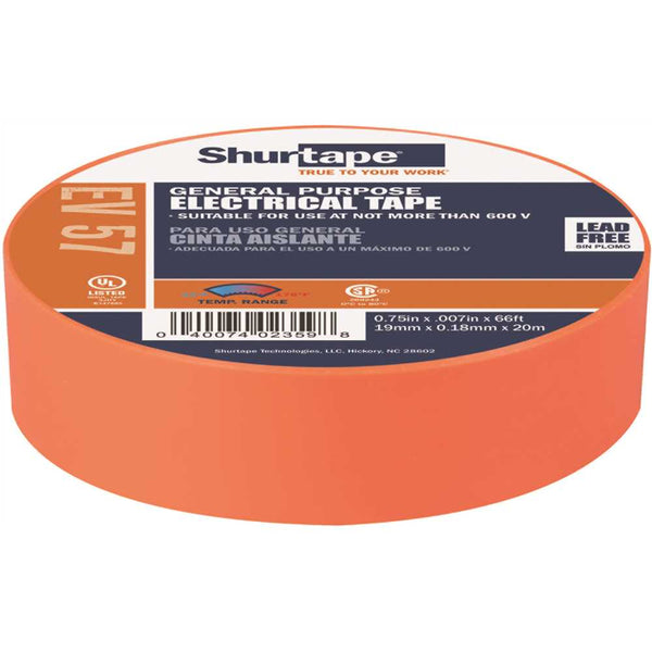 Shurtape EV 57 General Purpose Electrical Tape, UL Listed, ORANGE, 7 mils, 3/4 in. x 66 ft. [10 Rolls]