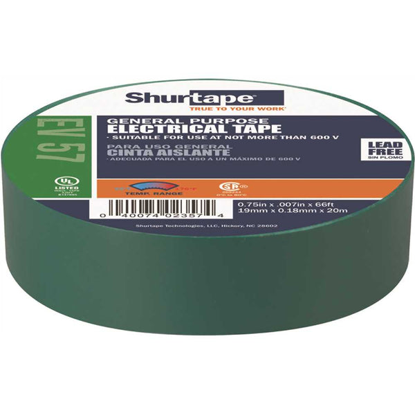 Shurtape EV 57 3/4 in. x 66 ft. General Purpose Electrical Tape, UL Listed, GREEN, 7 mils [10 Rolls]