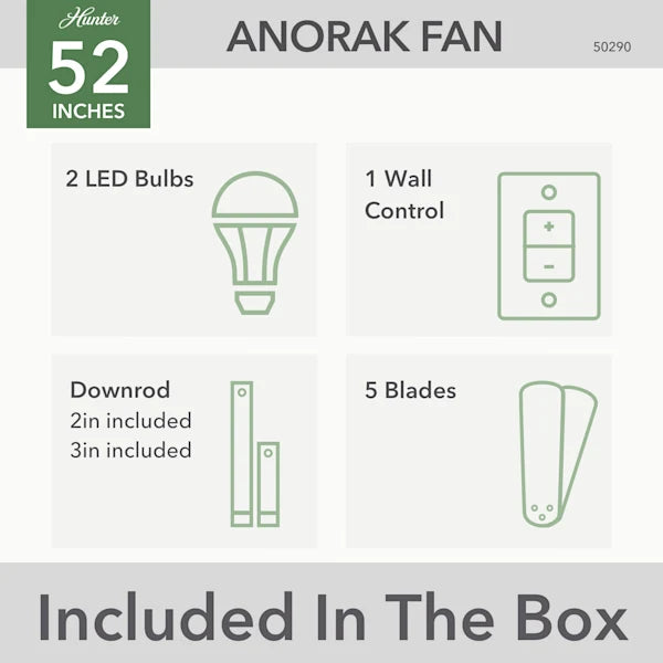 52 Inch Anorak Outdoor Ceiling Fan With LED Light | 5 Grey Blades | 3 Speed | Hunter 50290