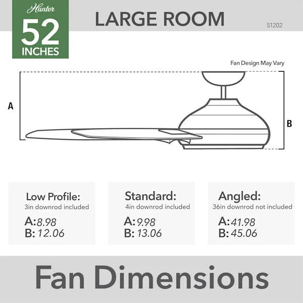 52 Inch Jetty Outdoor Ceiling Fan | 6 Matte Blades | 3 Speeds | Hunter 51731, 51202/03