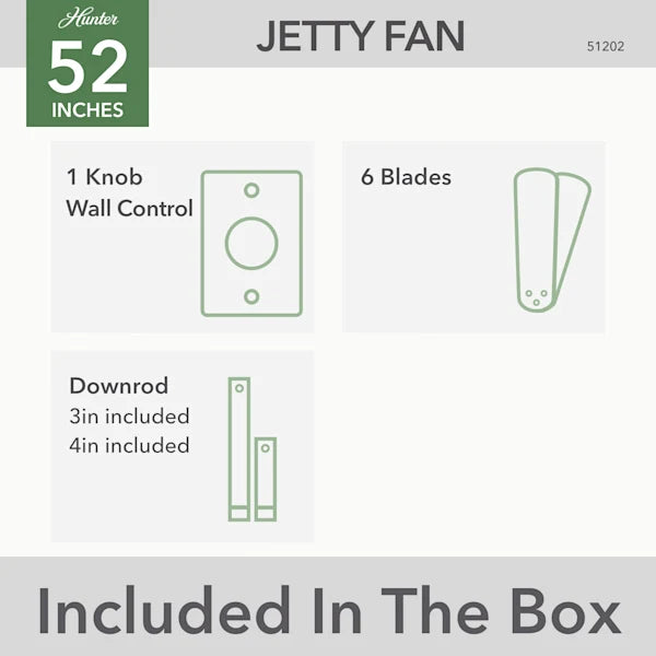 52 Inch Jetty Outdoor Ceiling Fan | 6 Matte Blades | 3 Speeds | Hunter 51731, 51202/03