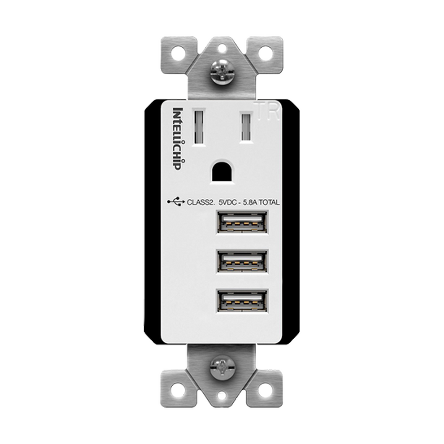 Interchangeable Triple USB Charger 5.8A with 15A Single Tamper-Resistant Receptacle