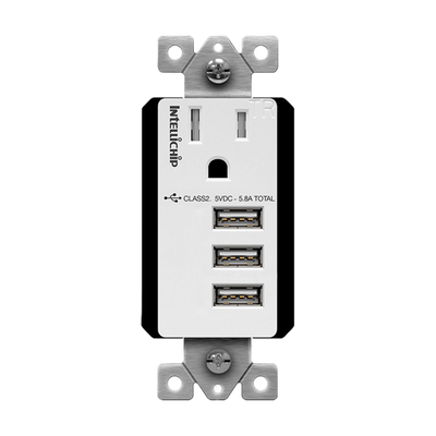15 Amp Decorator Receptacle With 5.8 Amp Triple USB-A Charger | Tamper Resistant | 125V | Enerlites 61150-TR3USB-CU