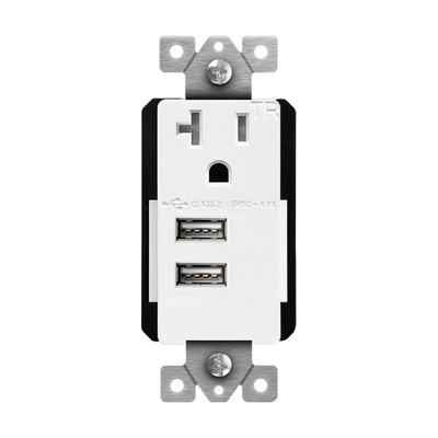 20 Amp Decorator Receptacle With Interchangeable 4.8A 2-USB Type-A Charger | Tamper Resistant | 125V | 5-20R | Enerlites 61200-TR2USB-CU