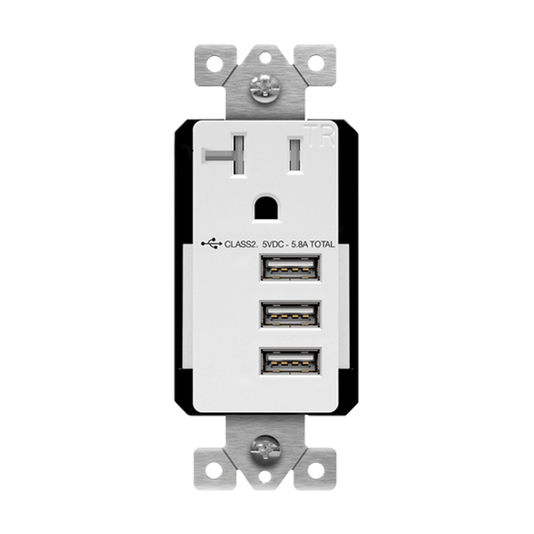 Interchangeable Triple USB Charger 5.8A with 20A Single Tamper-Resistant Receptacle