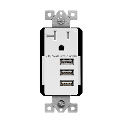 20 Amp Decorator Receptacle With 5.8A 3-USB Type-A Charger | Tamper Resistant | 125V | 5-20R | Enerlites 61200-TR3USB-CU