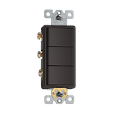 Triple single pole decorator switch, 120/277V, designed to control three separate light fixtures from a single wall plate in a streamlined, modern style