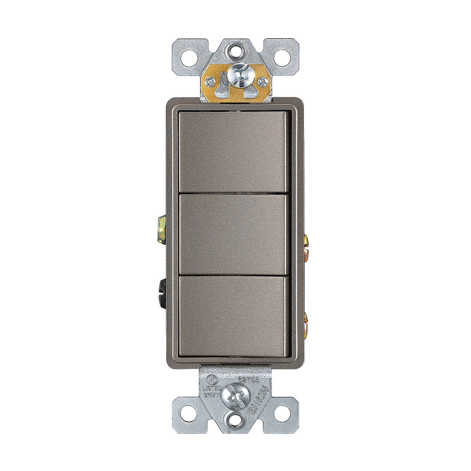 Triple single pole decorator switch, 120/277V, designed to control three separate light fixtures from a single wall plate in a streamlined, modern style