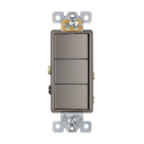 Triple single pole decorator switch, 120/277V, designed to control three separate light fixtures from a single wall plate in a streamlined, modern style