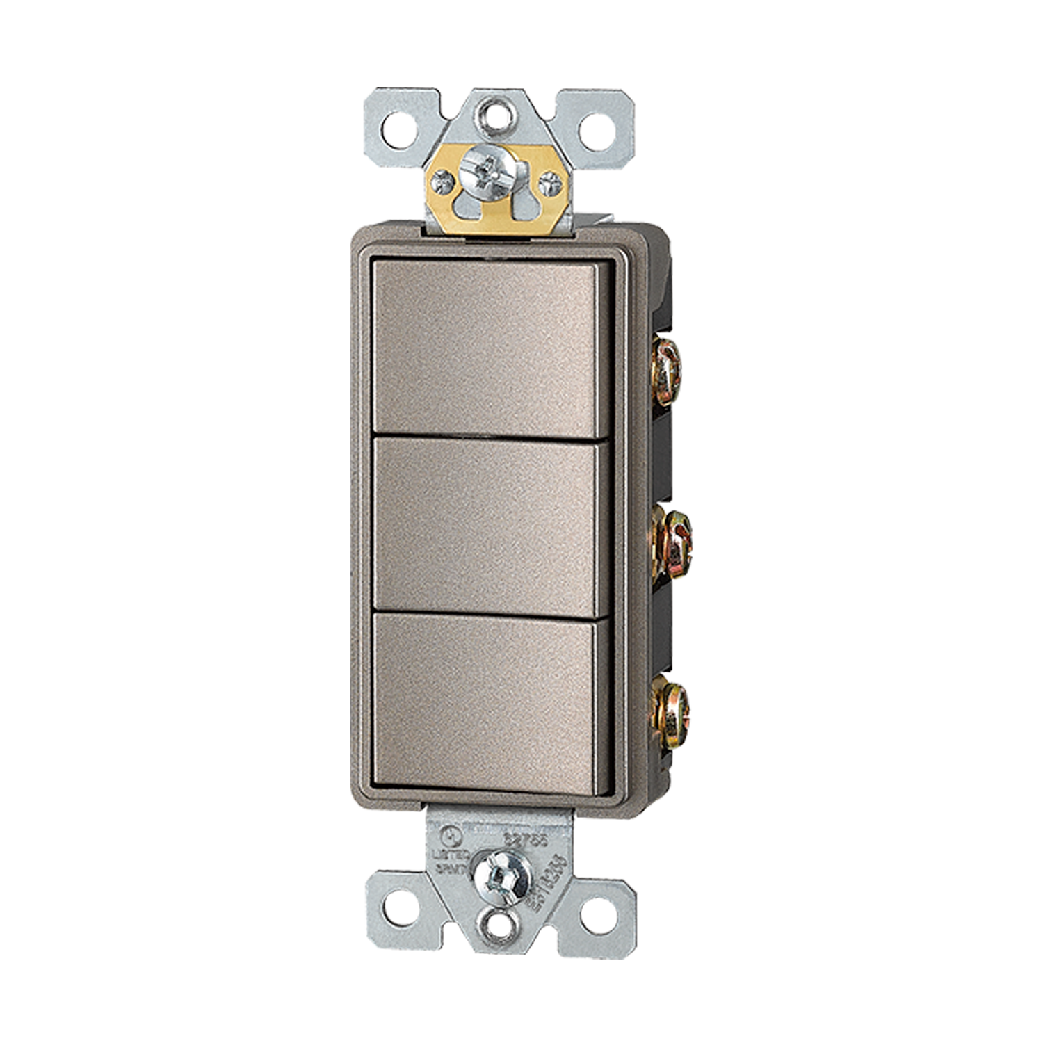 Triple single pole decorator switch, 120/277V, designed to control three separate light fixtures from a single wall plate in a streamlined, modern style