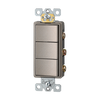 Triple single pole decorator switch, 120/277V, designed to control three separate light fixtures from a single wall plate in a streamlined, modern style