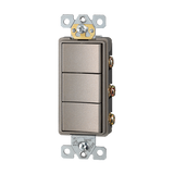 Triple single pole decorator switch, 120/277V, designed to control three separate light fixtures from a single wall plate in a streamlined, modern style