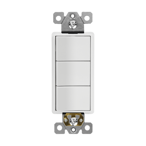 Decorator Quiet Triple Rocker Switch, Single Pole, 15A/120V, Commercial Grade