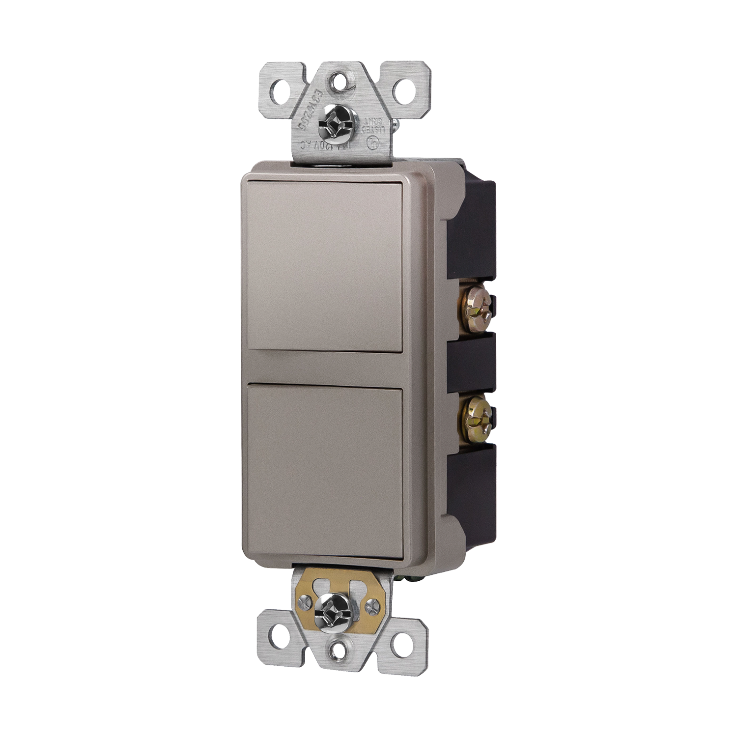 ENERLITES 62834 dual rocker single pole switch with AC quiet feature, back and side wiring, optional grounding, and UL94 V2 flammability rating.