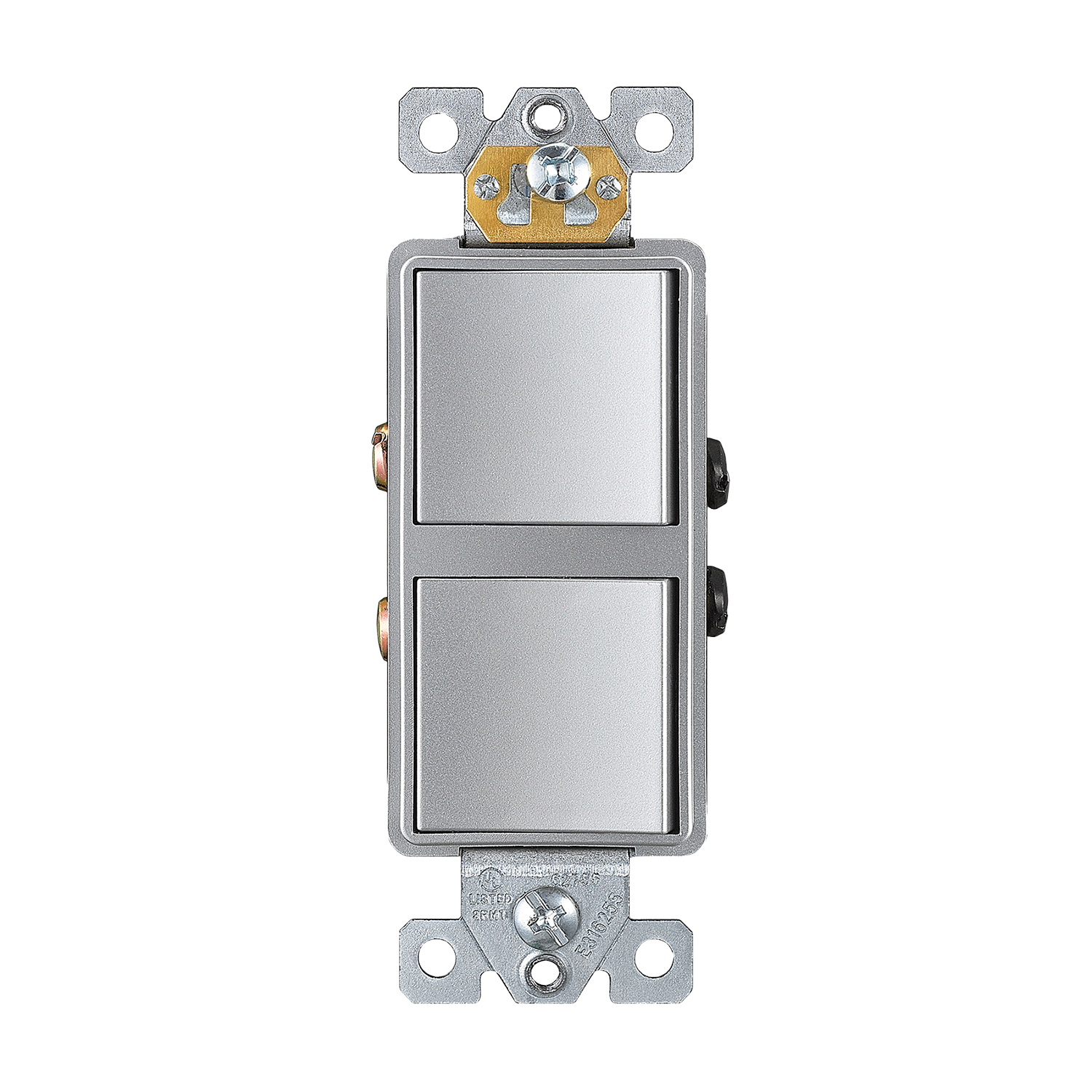 ENERLITES 62834 dual rocker single pole switch with AC quiet feature, back and side wiring, optional grounding, and UL94 V2 flammability rating.