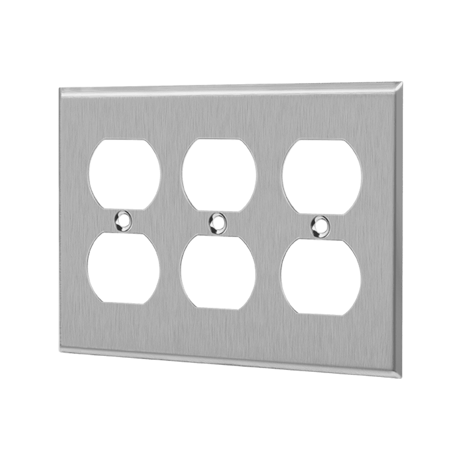 7723 stainless steel three-gang wall plate with three duplex receptacle openings