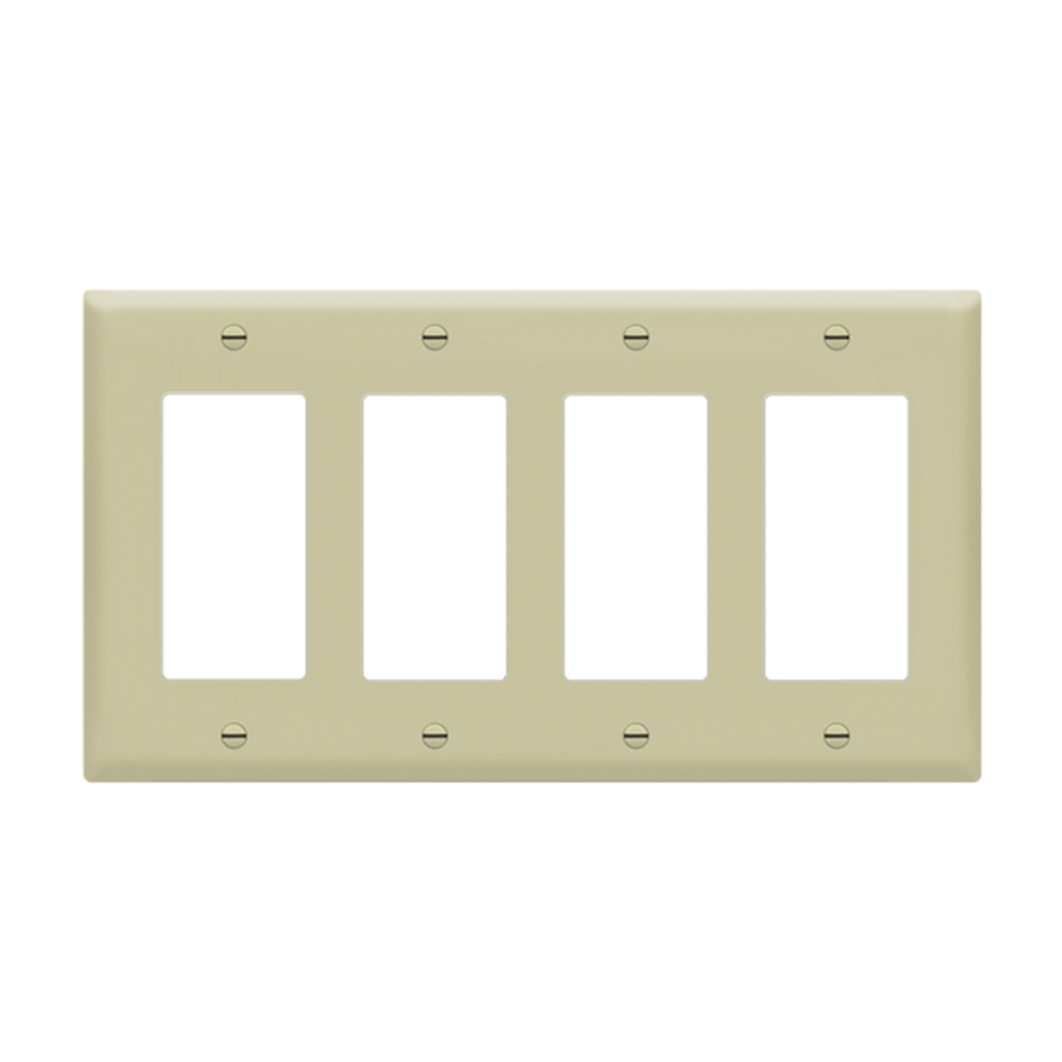 Four-gang Decorator and GFCI wall plate with smooth thermoplastic finish