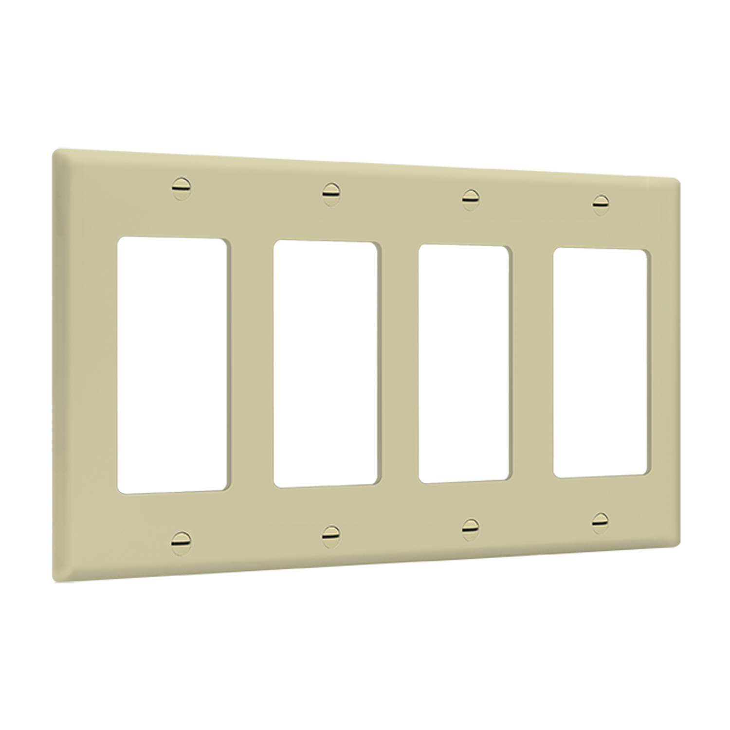 Four-gang Decorator and GFCI wall plate with smooth thermoplastic finish