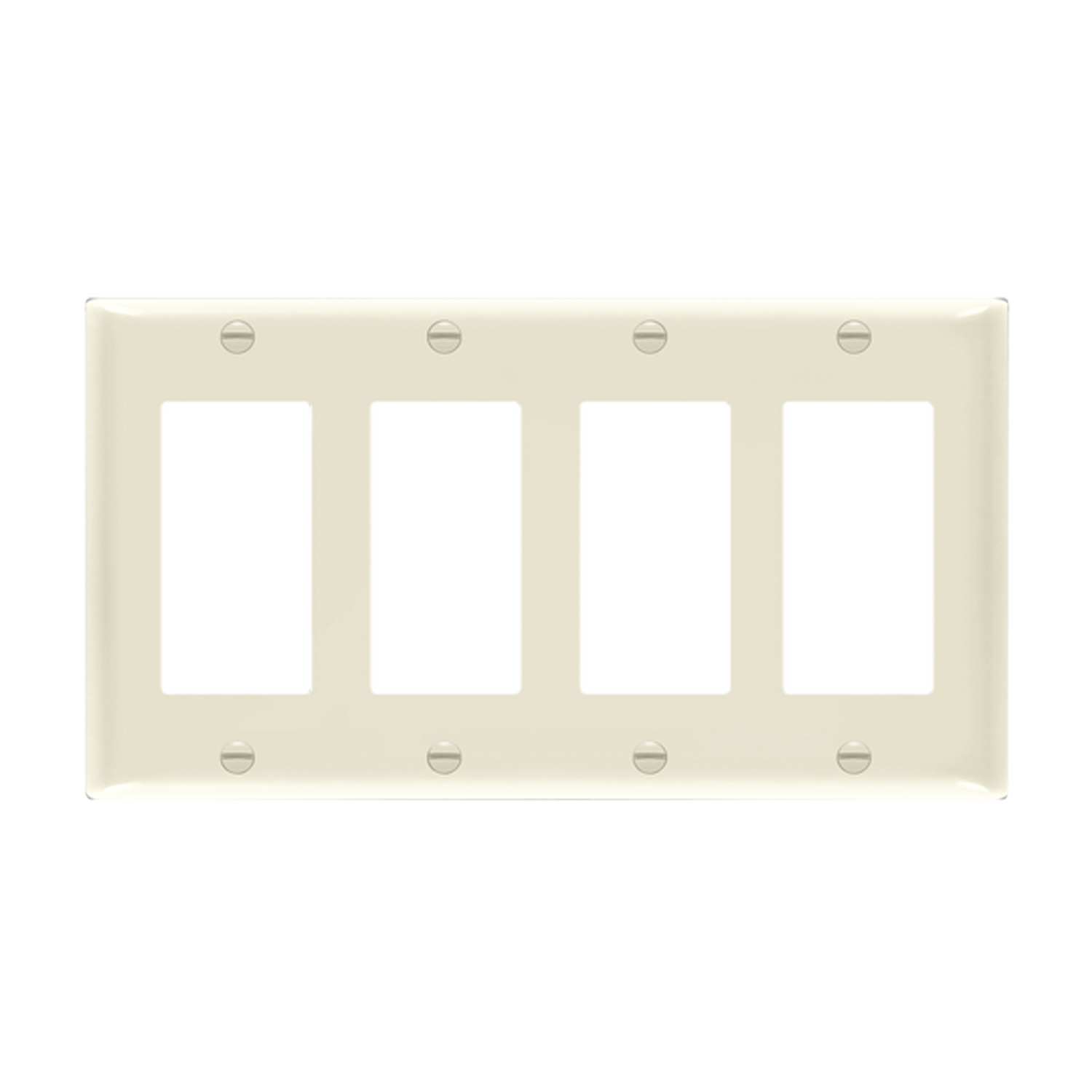 Four-gang Decorator and GFCI wall plate with smooth thermoplastic finish