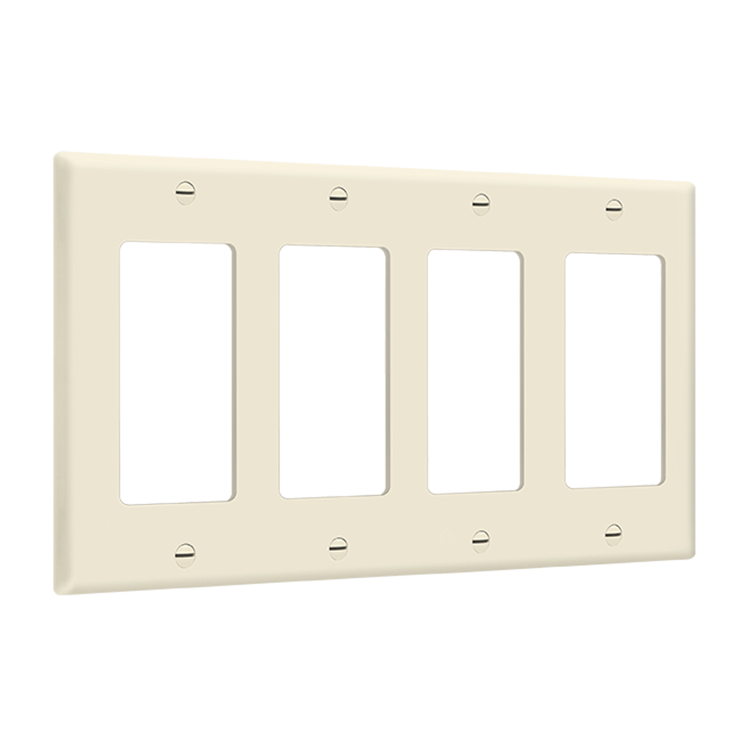 Four-gang Decorator and GFCI wall plate with smooth thermoplastic finish
