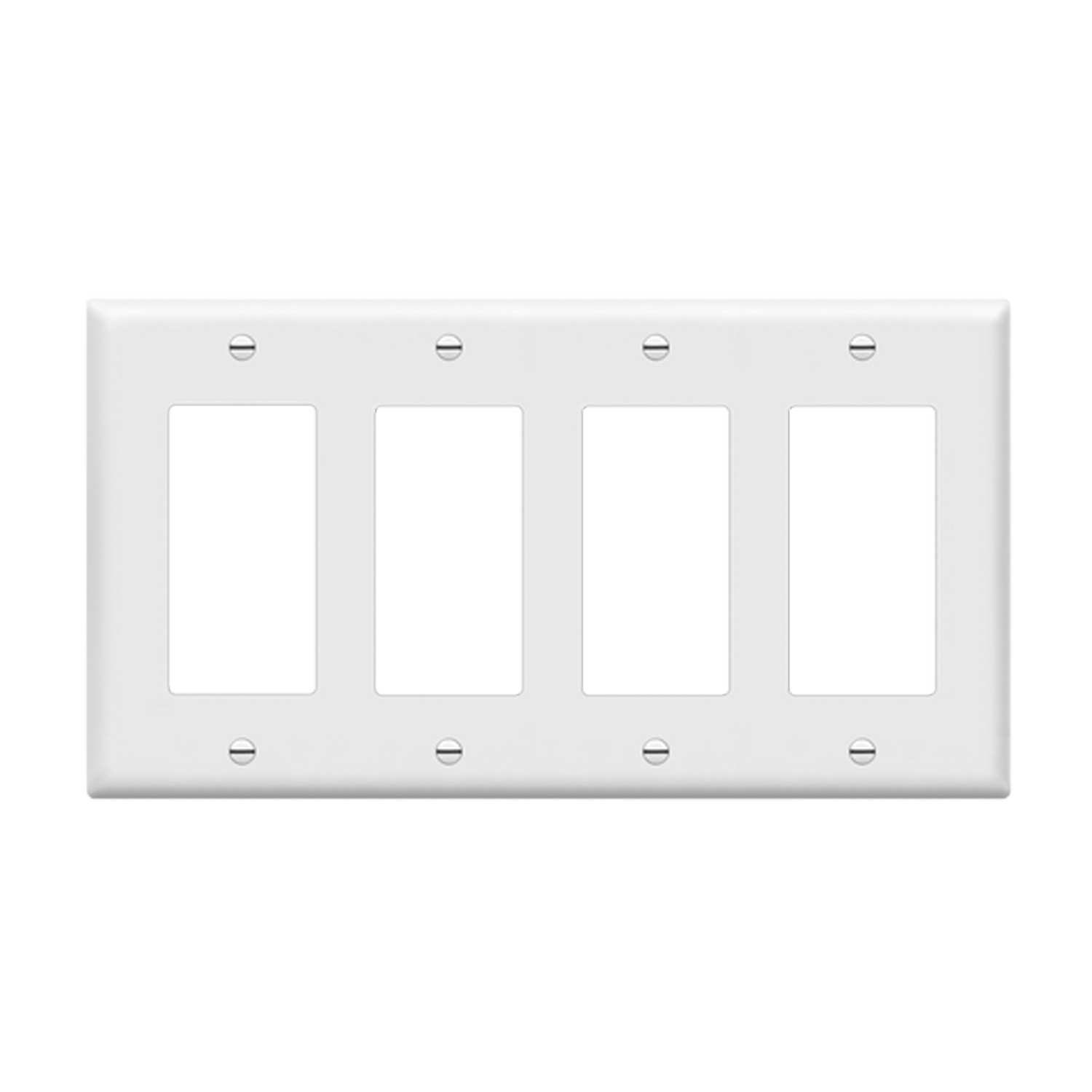 Four-gang Decorator and GFCI wall plate with smooth thermoplastic finish