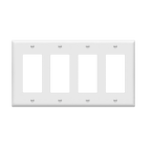 Four-gang Decorator and GFCI wall plate with smooth thermoplastic finish
