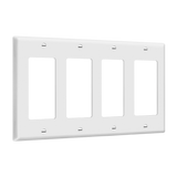Four-gang Decorator and GFCI wall plate with smooth thermoplastic finish