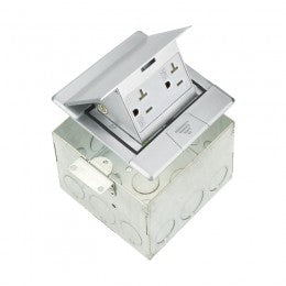 Enerlites square pop-up floor box kit with 20A tamper- and weather-resistant decorator duplex receptacle in brass and nickel-plated brass finishes
